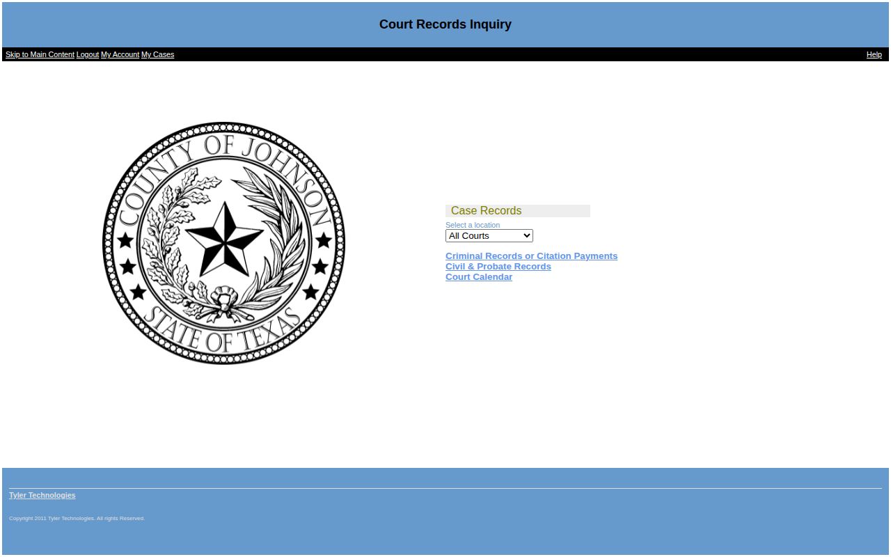 Johnson County Tyler Public Access criminal case search screen